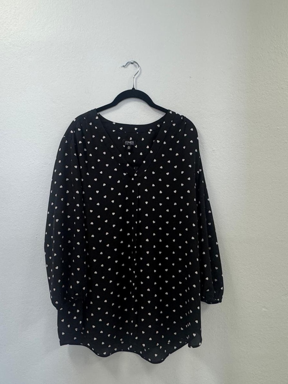 Jones New York Black Blouse with White Heart Print